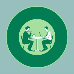 A circular logo in a distinctive green color with a pale green center, in the center of which are two men sitting around a two-person table, one drinking coffee and the other working on his laptop.