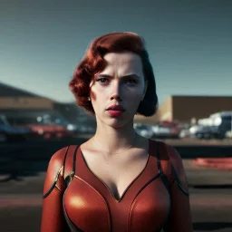 retro sci-fi portrait image from 1960, supermarket parking explosion, fire, classic black widow, young Scarlett Johansson, tight lycra suit, soft color, highly detailed, unreal engine 5, ray tracing, RTX, lumen lighting, ultra detail, volumetric lighting, 3d, finely drawn, high definition, high resolution.