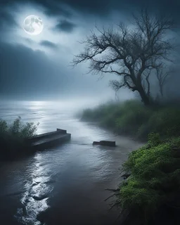 By Sergiо. Style by Greg Rudkowski. Thick white milky dense fog on a deserted beach with lonely bushes.flooded raged water .stormy wether in the waterg a bridge is falling in the river a full moon