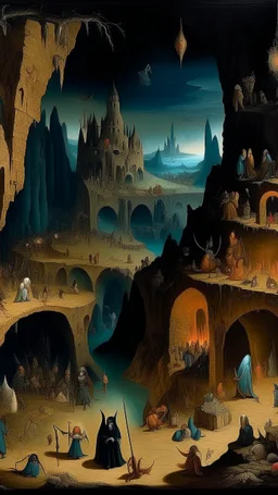 Bosch painting style nightmare, city under ground with caves and strange people living in this city , back ground is dim lights and small fires in the scary caves
