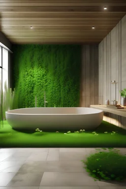 create a bathroom with a bathtub and a shower. walls made of concrete and lamellas. white floor. warm the lighting. large mirror above the washbasin. green moss carpet. flowers in a wooden pot.