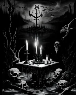 Create a monochromatic Black Metal album cover for a Band with a figure in corpse paint surrounded by bones of aquatic creatures with a table in the foreground with 3 lit black candles burning