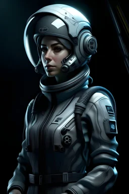 A DIGITAL ART portrait of a sci-fi pilot woman. Style from The Expanse. She is 30 years old. She has a pilot helmet. She is reckless. She has got dreams. Her eyes are beautiful and bright. Grey. Full-body phtograph