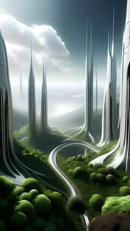 sci fi planet, tall forest, zaha hadid city, white buildings