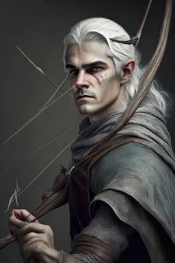 gray hair young medieval man with a longbow