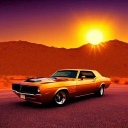 muscle car, desert road, sunset, full colour,