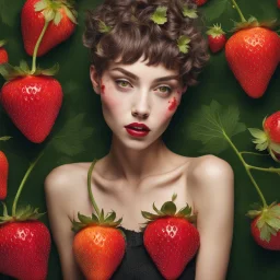 a young, extremely beautiful woman decomposing into a zombified strawberry with pixie-cut hair