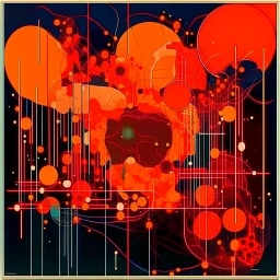 diffused cosmic conspiracies, abstract art, pinpoint light clusters, by Petros Afshar and Victor Pasmore, silkscreened mind-bending abstractist metal etching, asymmetric, cigarette burn textures, violent orange and black colors of differing hues, orange monocolor