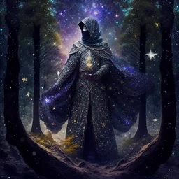 The Muslim commander in a battle dress made of galaxies and stars with a glove that has seven endless stones with a powerful army behind him A forest with dense trees