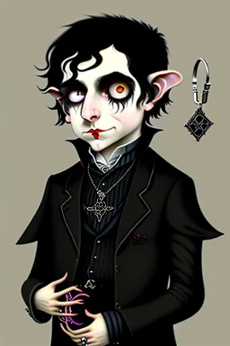 black haired black eyed young man necromancer goth hobbit with gothic jewelry and pet black rat in the style of Charles Addams