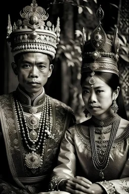 buat lah gambar foto seorang Raja dan Ratu Jawa yang mengenakan baju adat jawa dan mahkota yang elegan di kerajaan yang bernuansa jawa. sang permaisuri berwajah elegan nan cantik raja nya juga ganteng bangettttt buat lah se indah dan elegan