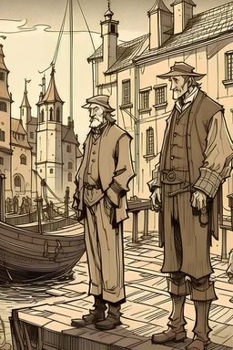 I want a picture that looks like it was hand-drawn of a fisherman standing with a rich man in an old city