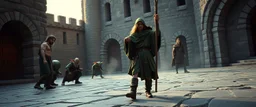 integrated_multimodal_description: [Shot 6] An eight-second cinematic fantasy scene in an ancient stone courtyard of a Forgotten Realms castle, late afternoon. Begin with a low wide establishing shot moving slowly forward toward a young wizard in a weathered green cloak and his adventuring companions, a rugged barbarian and cautious ranger. Two goblins approach in the background. The camera gently arcs around the wizard as he raises his staff and confidently begins a summoning spell. Cut to a ti