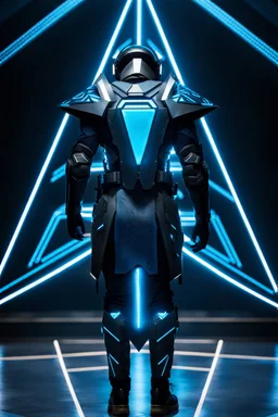 cyberpunk, neon blue, floating triangle of light behind the back, cyber armor, geometric patterns on an armor, male, orbiting triangle