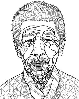 create and image of Nelson Mandela, simple line art, one line, white background, coloring book style, well composed, no gradient, strong line, no fill, no solids, hand drawn