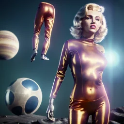 Realistic movie image, retro sci-fi, portrait, blonde action woman, sweet Marylin Monroe face, perfect iris, glow eyes. tight latex tights suit, retro sci-fi weapon. strange planet, two moons background. epic style, vibrant color, highly detailed, unreal engine 5, ray tracing, RTX, lumen lighting, ultra detail, volumetric lighting, 3d, finely drawn, high definition, high resolution.