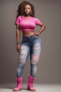 Create a watercolor image of a curvy black female wearing tight cut up jeans and a pink tshirt with timberland boots. Prominent make up with hazel eyes. Highly detail dread locs