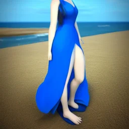 Beautiful asiatic sunny face woman blue eyes long blond hair in a blue flower dress on a beach, unreal engine, 4k