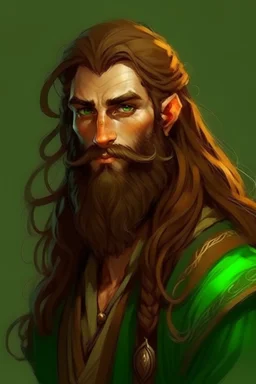 Gnom, braune lange wilde Haare, große, dicker Nase, gepflegter kurzer Bart, grüne Augen, schlank, hübsch, sehr jung, Druide