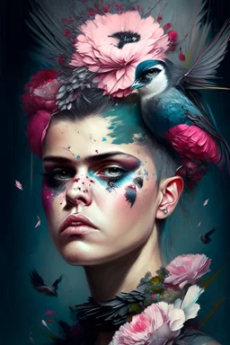 portrait Punk, Angel, portrait of a woman, flowers, birds