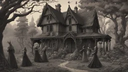 A gothic woodland house with a coven of witches dancing in front of it.