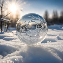 Frozen bubble in front of a snowy landscape, the bubble has wonderful icecrystals and the sun is shining, frozen, cold outside, swirley golden and silver lines,