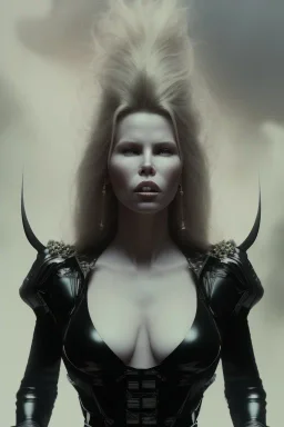 Kim Basinger in black leather gown, evil,energetic, villain, busty, cleavage, curvy, angry, happy, stern look. character design by cory loftis, fenghua zhong, ryohei hase, ismail inceoglu and ruan jia. unreal engine 5, artistic lighting, highly detailed, photorealistic, fantasy