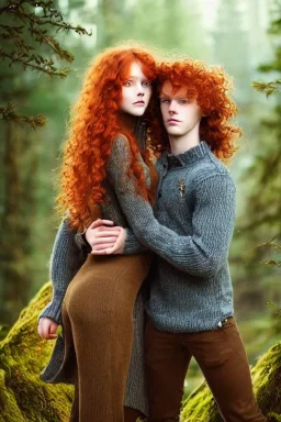 Jeune couple, visage hyper détaillé, réaliste. Forêt fantaisiste détaillée,paysage magnifique, Fille rousse aux cheveux raides et longs, garçon grand, musclé très longs cheveux bruns très bouclés. Fille jean pull, garçon tenue de bûcheron.