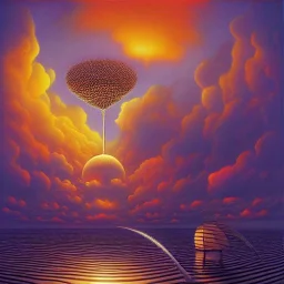 fractals in a human, Beautiful cloudy polluted sunset skies,reflections, Jacek Yerka, soft focus