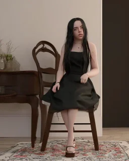 Billie Eilish, sitting on a chair, Black Short Dress, high detail, realistic