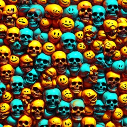 ANATOMICALLY CORRECT digital photograph of wall of multicolored SKULLs OF freshly skinned SMILEY FACEs with fine line, highly detailed, high resolution, 8k 3d, vray, horrorcore, vivid, btight