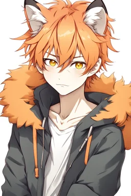 A young adult male human, cat ears, orange messy hair anime realistic tiger stripes