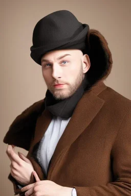 White skin bald man with brown little beard and blue eyes in elegant black coat and hat