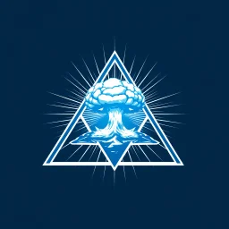 a blue nuclear explosion mushroom cloud inside an equilateral triangle, radiant lines, vector logo