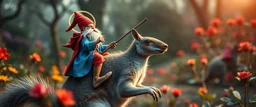 depth of field, halo, close up on blue and red clothed gnome riding kangaroo squirrel with lance in garden of eden in the style of Escher and Giger