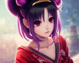 Detailed cute anime Kunoichi girl in sexy Santa clothing, purple hair buns, purple bangs, intricate details, full body portrait, keep head in frame, slight smile, black Japanese motif, concept art, highly detailed, digital painting, concept art, sharp focus, illustration, art by Yoji Shinkawa, WLOP and greg rutkowski and alphonse mucha and artgerm and yanjun Chen and Junji ito and Makoto Shinkai, HDR, octane render