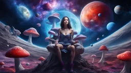 beautiful women sitting withoutt bro, on blue, red, purple mushroom in space, planets at the back ground, space ships, hyper realistic.