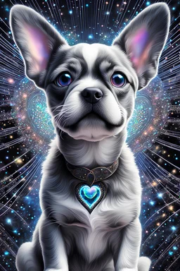 large eyed happy puppy grey frenchton in the distance intricate HEART shaped majestic cinematic holographic painting of a high magnitude of a many abstract big dots wrapped in smoke lines of a wanting to become an emitter fractal, cinematic eye view