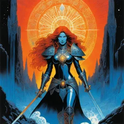 Heavy metal 1970s pulp illustration, psychedelic art by Philippe Druillet and Moebius. A fierce, glowing Iron Maiden warrior queen with molten-copper hair and intricate carved metal armor walks confidently through a mind-bending, infinite obsidian and crystal maze. She holds a giant glowing rune-engraved broadsword. She is not lost, her face is calm and commanding. Swirling bioluminescent fog in electric blue, neon purple, and acid yellow. Cosmic fractal vortex sky with exploding nebulas. Dynami