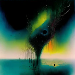 colorful eldritch reflections on horror, Surreal horror, style by Duy Hunyh and Zdzislaw Beksinski and Victor Pasmore and Ben Goossens, deep-seeded fear of the dark, unsettling, sinister abstraction, watercolor and ink, pointillism