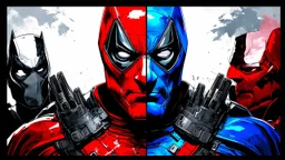 Poster in two gradations, split in half, one side "deadpool", other side "batman", midline of the face, painting by Yoji Shinkawa, tones and colours randoms, , detailed iridescent, metallic, translucent, dramatic lighting, hyper futuristic, digital art,