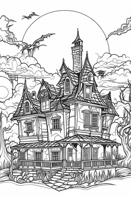 A haunted house with bats flying around and a full moon in the background. Outline, sketch style, only use outline, mandala style, clean line art, white background, no shadows, no clear wall, coloring page.