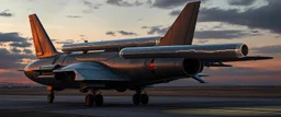 airbrush 3d rendering, Prompt: A cinematic, photorealistic sci-fi aircraft on a runway at dusk, viewed from the rear three-quarter angle. The aircraft has a large vertical tail fin and a weathered metallic fuselage with realistic rivets, panel seams, hydraulics, vents and mechanical details. Mounted across the aircraft's rear section is a long transparent cylindrical lightning tube positioned horizontally from left to right, completely perpendicular to the aircraft's longitudinal body axis.