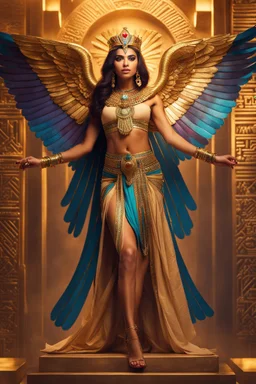 Gorgeous photography full body Beautiful super model Egyptian woman dressing Lady Angel colorful art conceptual, amazing artwork, hyper detailed, ultra maximalist quality, 12k , close-up portrait,crystal ornaments background, golden hour