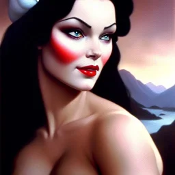 portrait of beautiful busty Snow White painting by Brom, oil on canvas, cinematic composition, extreme detail,cinematic composition,fit full head inside picture