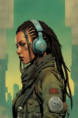 front facing full length portrait illustration of a grunge armored female with beaded dreadlock hair cyberpunk vampire mercenary with gas mask, telecommunications headset, and shemagh, highly detailed with gritty post apocalyptic textures, toxic irradiated landscape, finely detailed facial features and hair, in the graphic novel style of Bill Sienkiewicz, and Jean Giraud Moebius, with elements of collage, mimeograph, and pen and ink