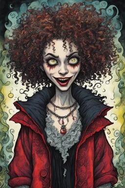 a cartoon illustration of a schizophrenic curly haired vampire girl , in the cartoon style of Lynda Barry , Ernie Pook's Comeek, vibrant natural colors, , museum quality masterpiece