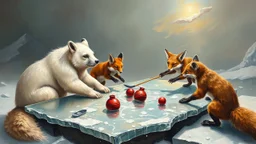 oil painting of ice bear squirrel gremlin foxes playing land hockey on glass table on ceres