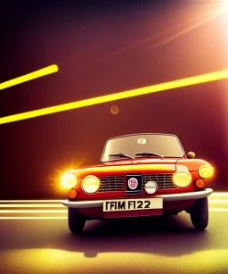 fiat 125p, city. high speed. bokeh. lens flare. warm lights. high detailed. oil on canvas