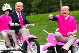 Photo of a donald trump riding a tricycle while wearing a pink polo shirt with the collar popped